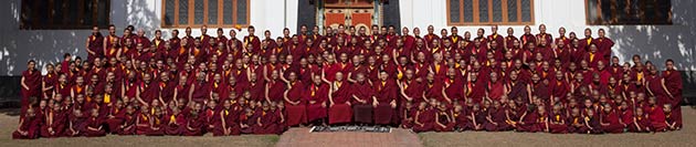 Assembled monks in front of the monastery, 2015