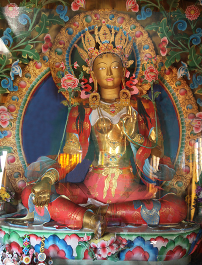 The statue of Green Tara in the main shrine hall, at Nagi Gompa